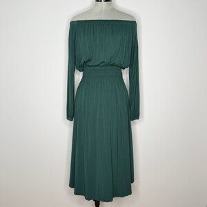 Ann Taylor Deep Emerald Green Off-the-Shoulder Smocked Waist Midi Dress - XSmall
